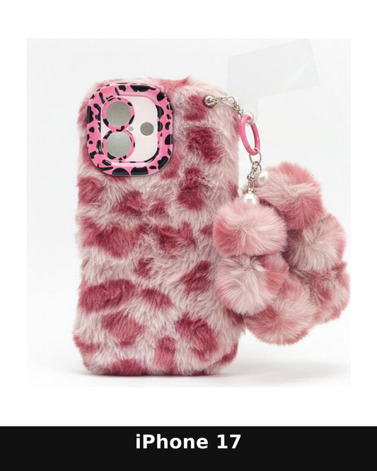iPhone Pro Pink and White Leopard Print Fluffy Case