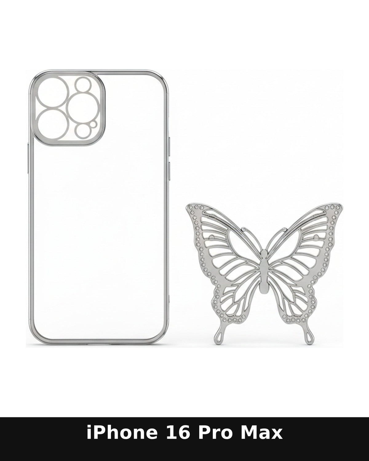 iPhone 16 Pro Max Clear Case with Silver Trim and Butterfly Accent