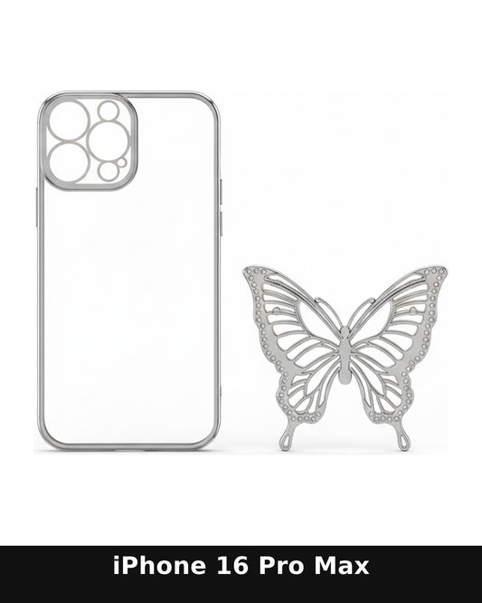 iPhone 16 Pro Max Clear Case with Silver Trim and Butterfly Accent